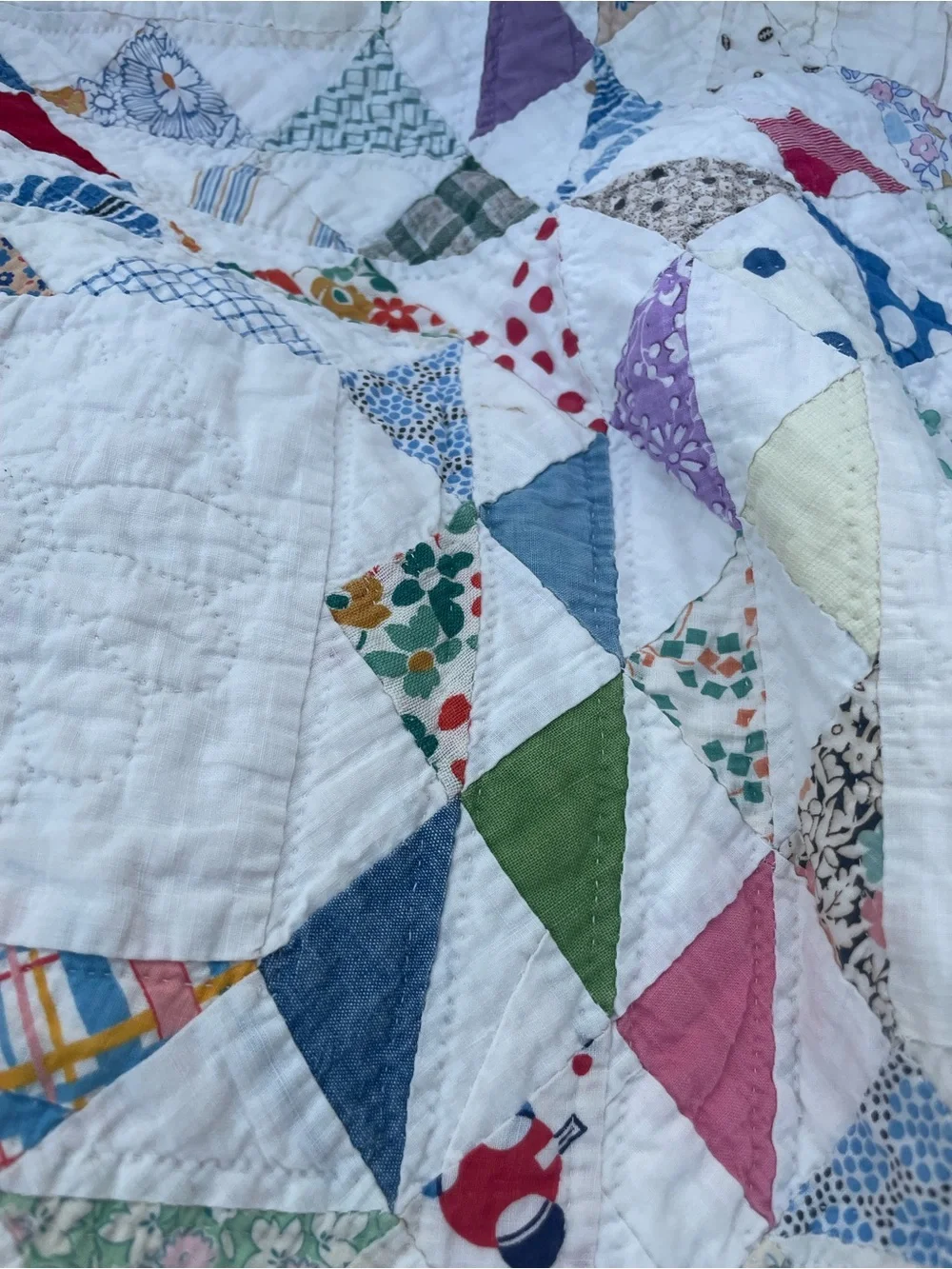 Vintage Feedsack Ocean Wave Quilt Hand Quilted 82x70 Cottage Farmhouse